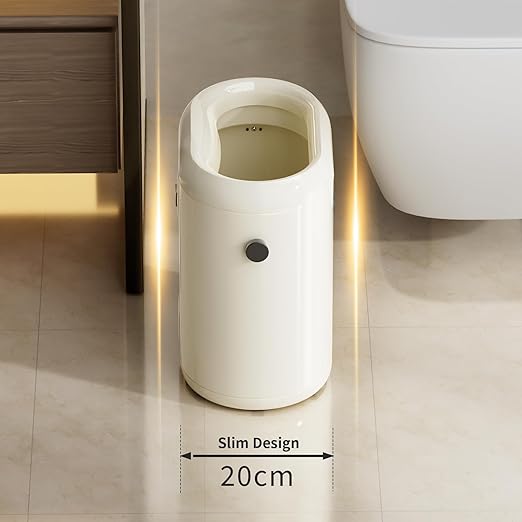 MRBIN Small Bathroom Trash Can with Lid, Automatic Adsorption Open Top 3.2 Gal Touchless Motion Sensor Waste Basket, Slim Decor Garbage Bin for Bedroom, Office, Cream White