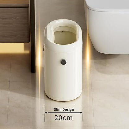 MRBIN Small Bathroom Trash Can with Lid, Automatic Adsorption Open Top 3.2 Gal Touchless Motion Sensor Waste Basket, Slim Decor Garbage Bin for Bedroom, Office, Cream White