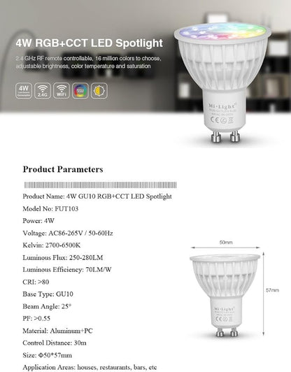 LGIDTECH FUT103 Miboxer 4W GU10 LED 2.4GHz Bulb Spotlight RGB+CCT Color Changing and CCT Temperature Adjustable,Dimmable,Memory Function.Smartphone Can't Control Directly
