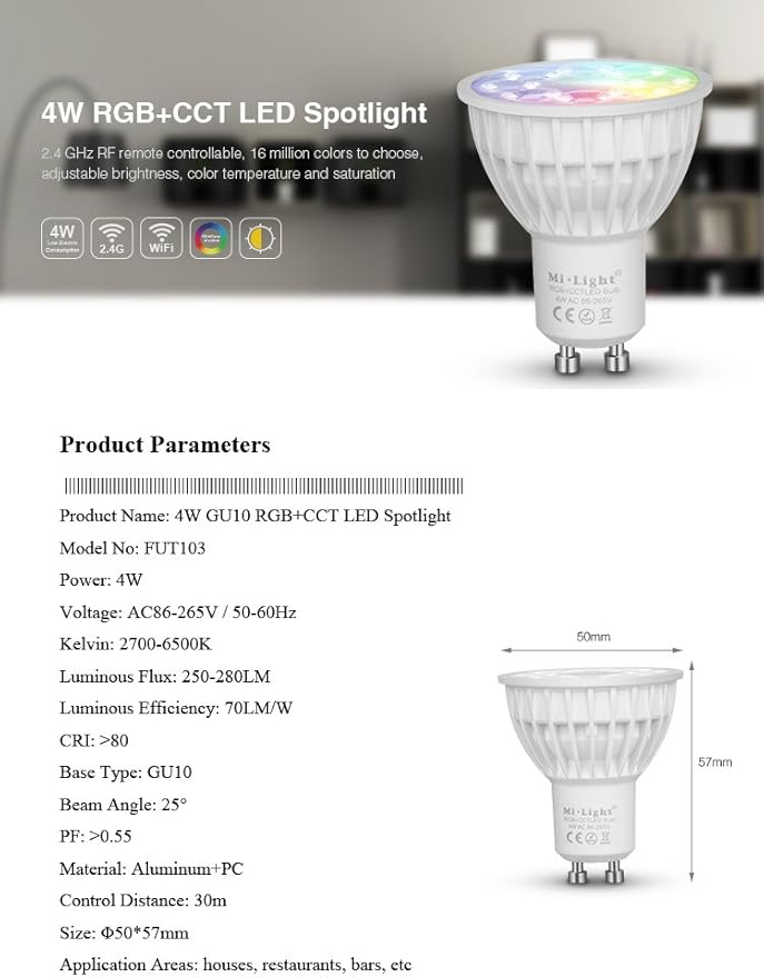 Pack Of 2 LGIDTECH 4W GU10 Led 2.4GHz Spotlight Bulb RGB+CCT Color Changing And CCT WW CW Temperature Adjustable Must Work With Milight Remote,B4 T4 Panel Or Smartphone Control Via Gateway Hub WL-Box2
