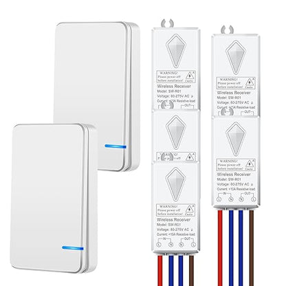 NineLeaf Wireless Light Switch Kit, No Wiring Remote Control, Mini Receiver for Ceiling Lights,Lamps, No WiFi, 1969FT Outdoor 328FT Indoor Range, IP66 Waterproof, 1000W LED(2Switches 5Receivers)