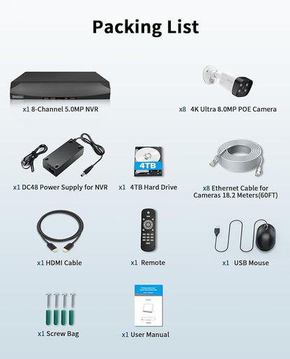 《130°Wide Angle & 2-Way Audio》Outdoor Security Camera System, IP Wired Cameras, 4K Video Surveillance for Home, Surveillance DVR Kits