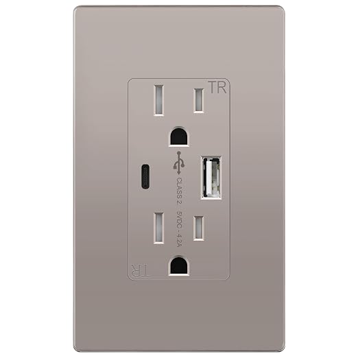 TOPGREENER USB Outlets, 15 Amp Wall Outlet with USB Ports, Nickel, 1 Pack | UL Listed, 4.2A Tamper-Resistant USB Outlets Receptacles with Type A & C Ports, Charging Power Outlet, Wall Plate Included