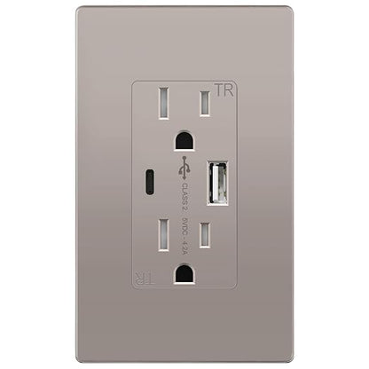 TOPGREENER USB Outlets, 15 Amp Wall Outlet with USB Ports, Nickel, 1 Pack | UL Listed, 4.2A Tamper-Resistant USB Outlets Receptacles with Type A & C Ports, Charging Power Outlet, Wall Plate Included