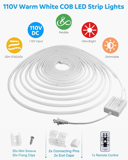 Aclorol 65.6FT AC 110V COB LED Strip Lights Outdoor Waterproof IP67 Dimmable LED Strip Light Warm White 3000K 5760 LEDs Flexible Rope Light with Remote Control for Outdoor Garden Commercial Building