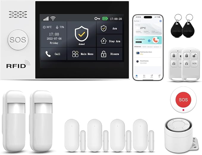 Home Security Systems Alarm System for Home Security GSM/4G+WiFi (13-Piece) | 4.3" Touch Screen | SOS | App Instant Alerts | Wireless Smart System | Work with Alexa | No Monthly Fee
