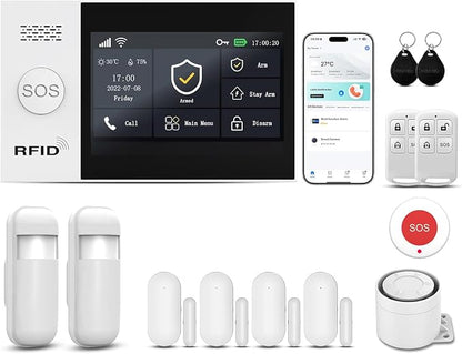 Home Security Systems Alarm System for Home Security GSM/4G+WiFi (13-Piece) | 4.3" Touch Screen | SOS | App Instant Alerts | Wireless Smart System | Work with Alexa | No Monthly Fee