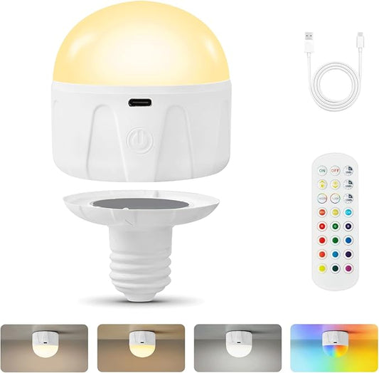 Rechargeable Light Bulbs with Remote, 2000mAh Magnetic Battery Powered E26 LED Bulb with Timer for Lamps/Sconces/Outdoor Camping, 3 Color Temperatures & 12 RGB Colors, Non-Hardwired, 1 Pack
