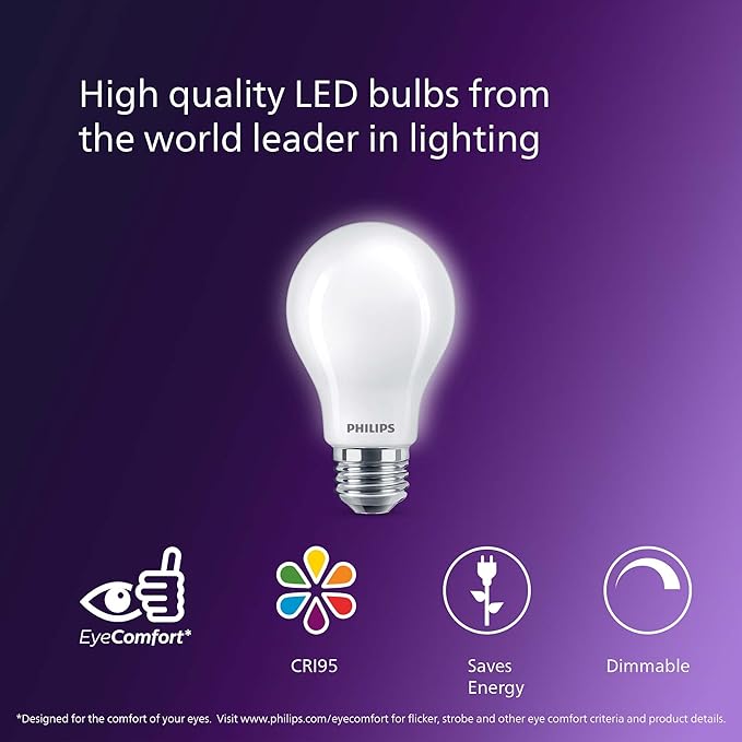PHILIPS LED 60W A19 4-Pack Ultra Definition Soft White LED Light Bulbs (2700K) 800 Lumen (8W = 60W) Dimmable Clear Flicker-Free Light Bulbs