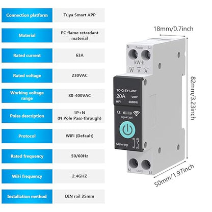 WiFi Circuit Breaker, 1P+N 20A 230V Smart Home Wireless Remote Control Switch Timer Voice Control Energy Monitor Compatible with Smart Life TUYA APP DIN Rail Mounted