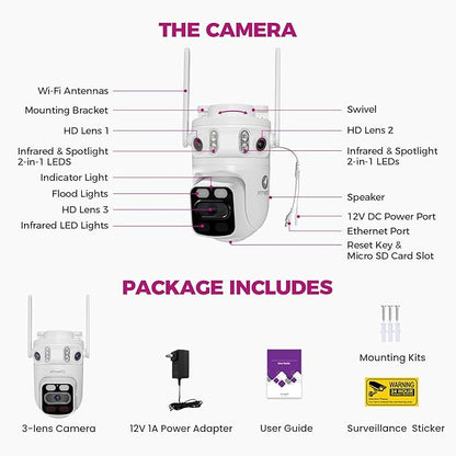 xmartO 6MP Tri-Lens WiFi Security Camera, 360° Pan Tilt AI Auto Tracking, 3 Live Views, Long Range Wireless, Plug-in 24/7 Home Surveillance, Local Storage & Mobile Remote View