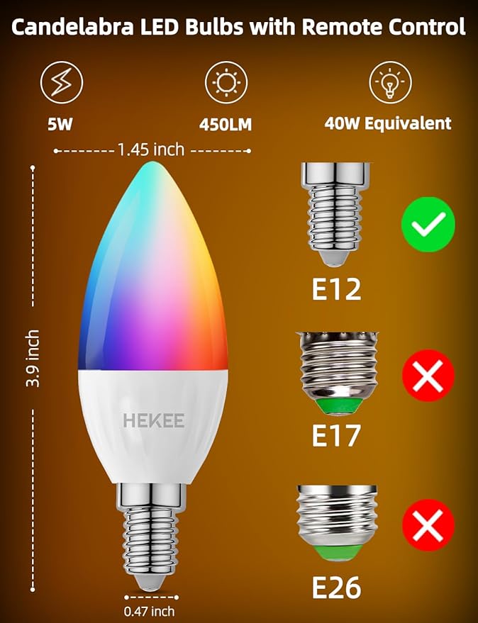 HEKEE E12 Candelabra Light Bulbs, Color Changing Bulb with Remote, Plug-in Only, E12 Base, 12 RGB+2700K Warm White, 40W Equiv (5W), 450LM, Timer, 2 Modes, for Chandelier/Ceiling Fan, 4 Pack