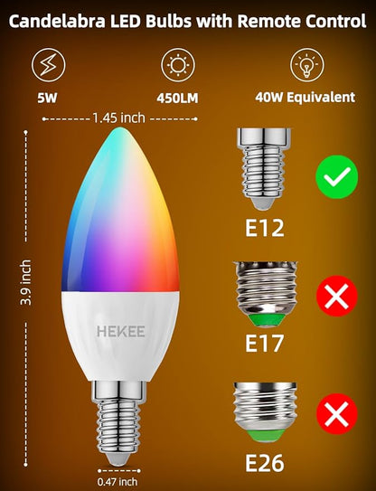 HEKEE E12 Candelabra Light Bulbs, Color Changing Bulb with Remote, Plug-in Only, E12 Base, 12 RGB+2700K Warm White, 40W Equiv (5W), 450LM, Timer, 2 Modes, for Chandelier/Ceiling Fan, 4 Pack