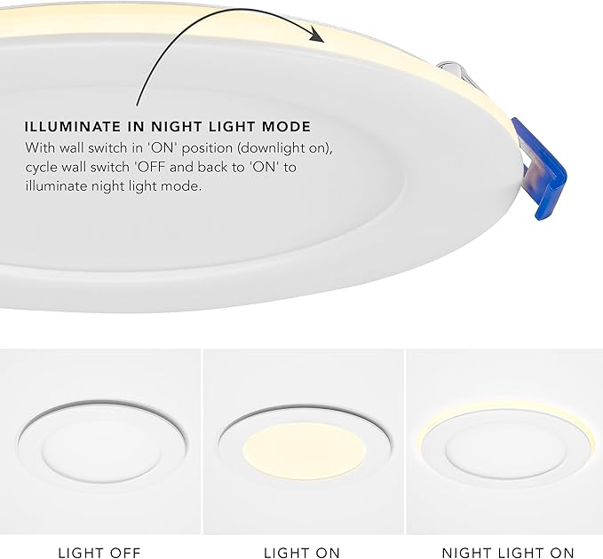 Maxxima 6 in. Slim Recessed LED Downlight with Night Light, 900 Lumens, 12 Watts, 5 CCT 2700K/3000K/3500K/4000K/5000K, 2000K Night Light, Dimmable, 90 CRI, Junction Box Included