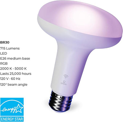 Globe Electric 50594 Works with Alexa Only Wi-Fi Smart Multicolor Changing RGB Tunable White Frosted LED Light Bulb, Voice Activated, 2000K - 5000K, BR30 Shape, E26 Base, 8.5W, Energy Star