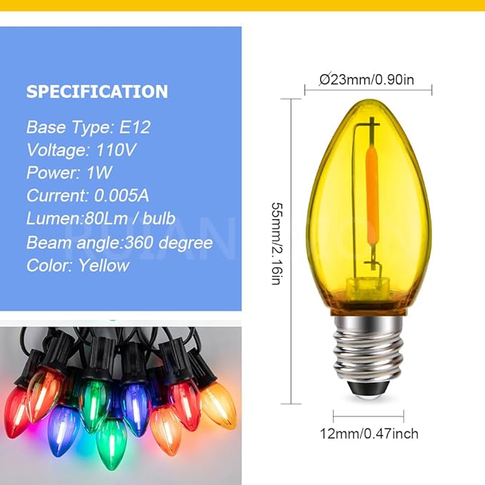 Ruiandsion E12 LED Decorative Bulb Yellow 110V E12 Screw Base for Christmas String Party Garden Window Display Lights Pack of 2