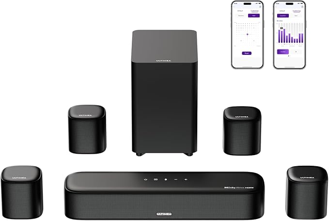 ULTIMEA 7.1ch Sound Bar with Dolby Atmos, Surround Sound System for TV with 4 Surround Speakers, Sound Bar for Smart TV with App Control, Soundbar with Subwoofer for Home Theater, HDMI eARC, Aura A60
