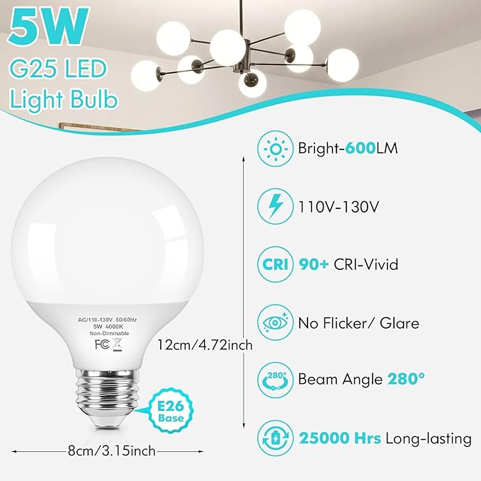 Brightever G25 LED Globe Light Bulbs 60 Watt Equivalent, 5W 4000K Natural Daylight LED Vanity Light Bulbs, E26 Base Round Light Bulb for Bathroom Over Mirror, CRI85+, 600LM, 4-Pack, Non-Dimmable