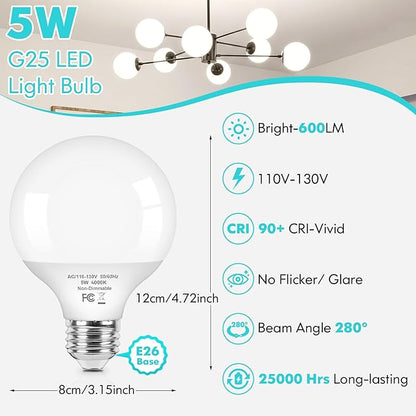 Brightever G25 LED Globe Light Bulbs 60 Watt Equivalent, 5W 4000K Natural Daylight LED Vanity Light Bulbs, E26 Base Round Light Bulb for Bathroom Over Mirror, CRI85+, 600LM, 4-Pack, Non-Dimmable