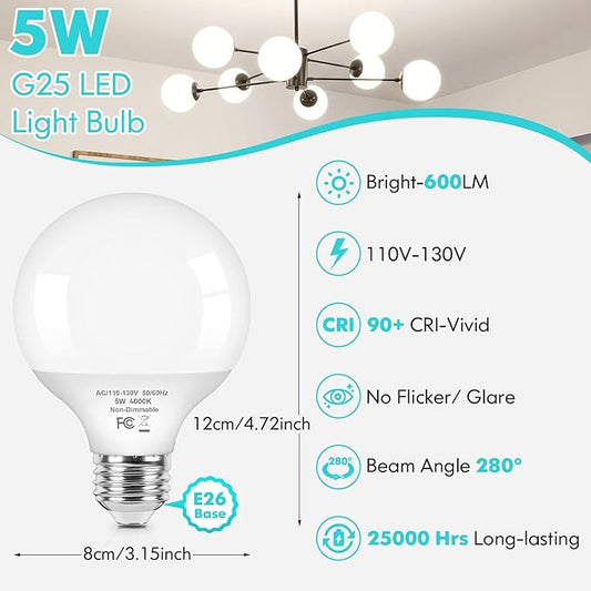Brightever G25 LED Globe Light Bulbs 60 Watt Equivalent, 5W 4000K Natural Daylight LED Vanity Light Bulbs, E26 Base Round Light Bulb for Bathroom Over Mirror, CRI85+, 600LM, 4-Pack, Non-Dimmable