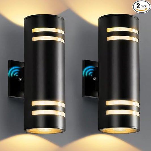 KIZON Dusk to Dawn Outdoor Lighting 2 Pack, Modern Outdoor Wall Lights Black Exterior Lighting Fixtures with LED Bulbs Included, Cylinder Outdoor Sconce Lights for House Porch, ETL Listed