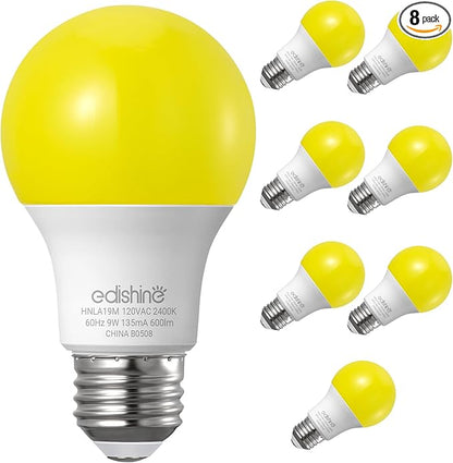 EDISHINE A19 Yellow Light Bulbs, 9W(60W Equivalent), 600LM 2400K Amber Glow Outdoor Bug Light Bulbs, Non-Dimmable, E26 Medium Base, UL Listed, 8 Pack