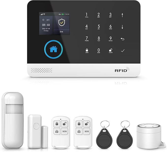 PGST Home Security Systems with LCD Touch Screen,Wireless Burglar Alarm System,Loud Siren,Door and Motion Sensors,4G/Tuya App Remote Control,Compatible with Alexa/Google (8 PCS)