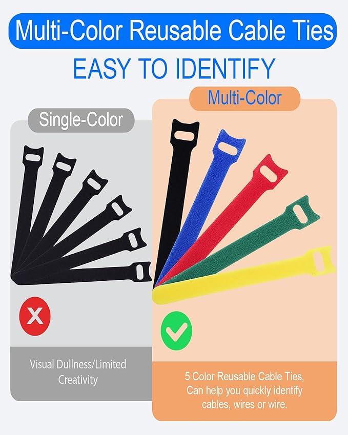 120 PCS 6 Inches Reusable Cable Ties, 5 Colors Adjustable Cord Organizer, Hook and Loop Wire Ties for Cable Management, Multi-Purpose Cord Wraps for Home, Office, and Desk