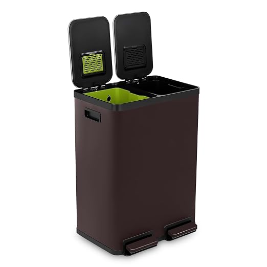 Simpli-Magic 60 Liter / 16 Gallon Rectangular Hands-Free Dual Compartment Recycling Kitchen Step Trash Can with Soft-Close Single Lid, Stainless Steel (30L x 30L Capacity) Brown
