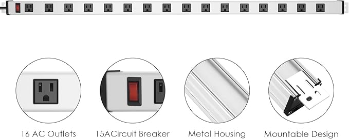 JUNNUJ Long Metal 16 Outlet Power Strip, Wide Spaced Garage Industrial Heavy Duty Power Strip with 4 FT Cord 15A, 125V, 1875W-Silver