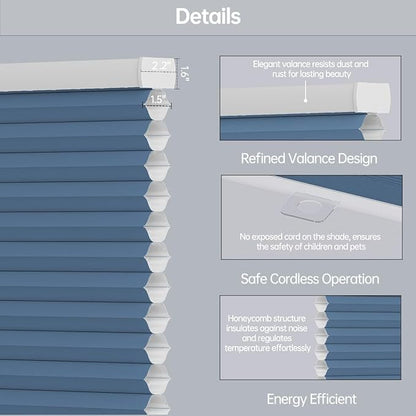 Cellular Shades Light Filtering Honeycomb Blinds for Indoor Windows, Cordless Cellular Shades 1.5 inch Cell Pleated for Bedroom Home Office, Custom Size, Half Shading Blue