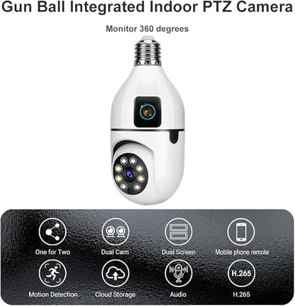 6MP Dual-Lens Light Bulb Security Camera, TUYA Indoor 360° Pan/Tilt WiFi Cam with Auto Tracking, Color Night Vision, Motion Alerts, 2-Way Audio, Pet/Baby Monitor, E27 Socket
