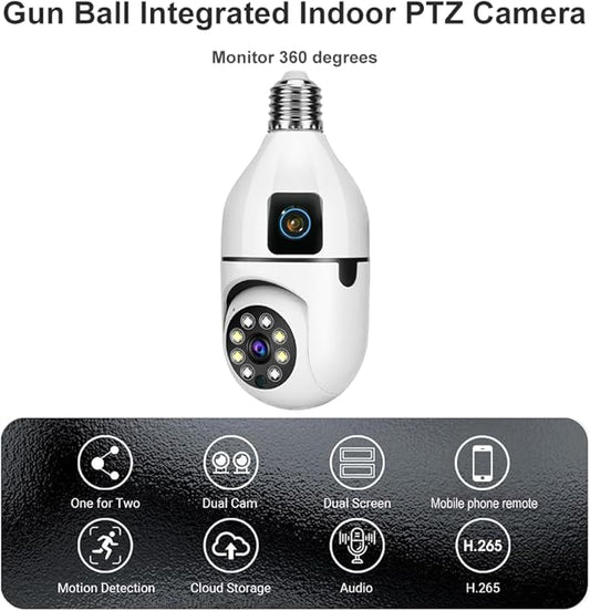 6MP Dual-Lens Light Bulb Security Camera, TUYA Indoor 360° Pan/Tilt WiFi Cam with Auto Tracking, Color Night Vision, Motion Alerts, 2-Way Audio, Pet/Baby Monitor, E27 Socket