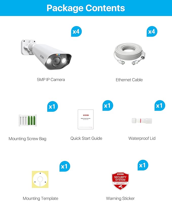 ZOSI 4PK 5MP PoE Add-on Cameras with Ethernet Cables, Human Vehicle Detection, 2-Way Audio, Color Night Vision, Waterproof Outdoor Indoor Security Camera Only Work with Same Brand 5MP 4K NVR
