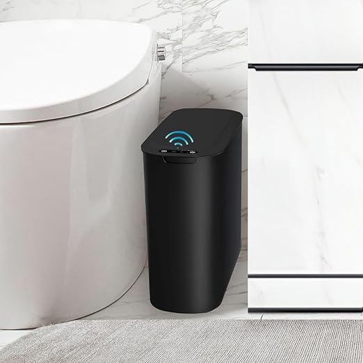 TIPGO Automatic Motion Sensor Bathroom Trash Can with Lid, 2.6 Gallon Touchless Trash Bin, Smart Garbage Can Plastic Slim Wastebasket for Bedroom, Office, Dorm (Black)