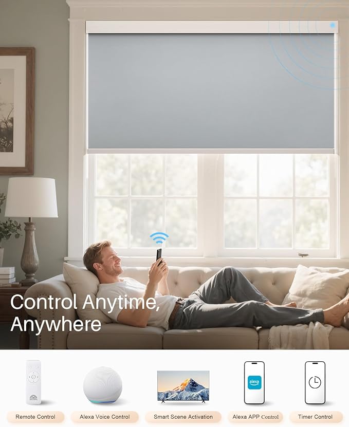 Smart Roller Shades for Windows, Alexa Blackout Motorized Blinds with Remote Control, Easy Install Automatic Electric Blinds for Indoor (23" W x 72" H, Gray Fabric & White Shell)