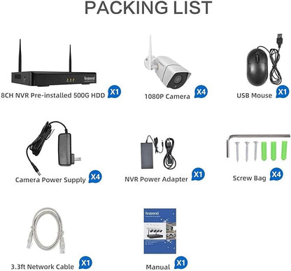 Firstrend 1080P Wireless Security Camera System Outdoor,8CH NVR 2 Way Audio 4pcs 2MP WiFi IP CCTV Cameras with Motion Detection for Home Security,IP66 Waterproof,24/7 Recording,No Monthly Fee