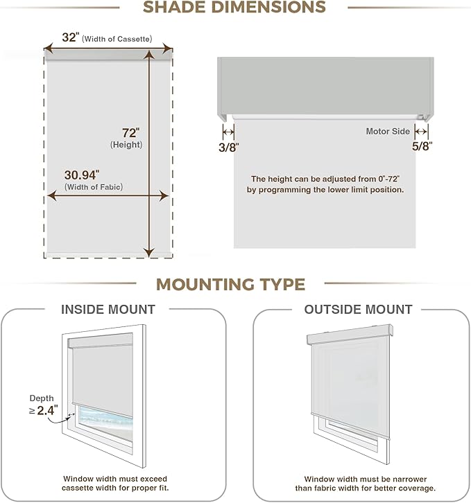 HeyBlinds Blackout Motorized Smart Blinds with Remote, Automatic Electric Shades for Windows (Breeze- Light Grey BO, 32" W x 72" H)