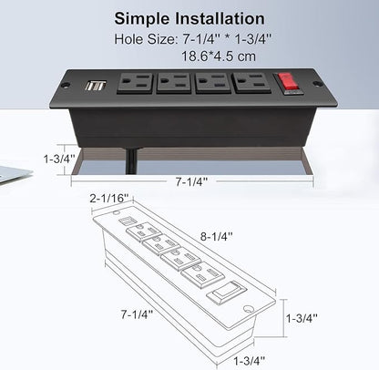 Recessed Power Strip with USB Flush Mount Power Outlet Built in Desktop Power Extension Cord Plug for Countertop Kitchen Drawer Conference Cabinet Nightstand Desk