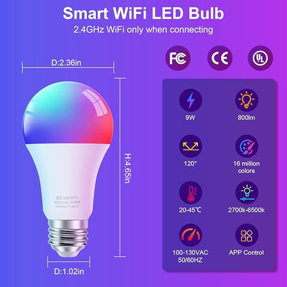 FRIDEKO HOME LED Smart Light Bulbs - Wi-Fi & Bluetooth Light Bulbs, Color Changing Light Bulb Compatible with Alexa and Google Assistant, A19 E26 RGBTW Light Bulb, 800LM (8 Pack)