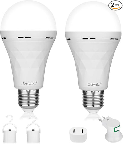 Ostwiki 2 Pack Emergency Rechargeable Light Bulbs,Battery Operated Backup Light Bulb 9W E27 8500K 1200mAh White Equivalent Self-Charging LED Light Bulbs for Power Outage Camping Outdoor Activity