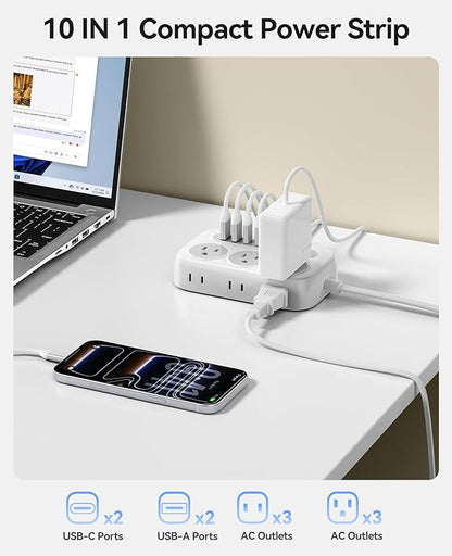 ORICO Surge Protector Power Strip, PD20W Multiple Outlets Extension Cord with 6 AC Outlets and 4 USB Charging Ports (2 USB-C), 45° Flat Plug, 5 Ft Mountable Outlet Extender for Home/Office/Dorm - OG