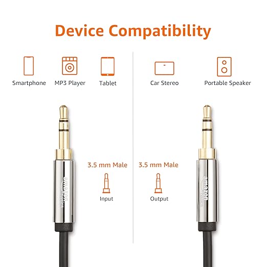 Amazon Basics 3.5mm Stereo Audio Auxiliary Cable for Speakers, Car Stereo, Tablets and Smartphones with Gold-Plated Plugs, 8 Foot, Black