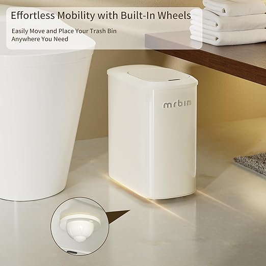 MRBIN Metal Motion Sensor Bathroom Trash Can with Lid and Wheels, 10L/2.6gal Automatic Removable Slim Electric Narrow Waste Basket for Near Desk Office, Bedroom, Kitchen, Rv, White