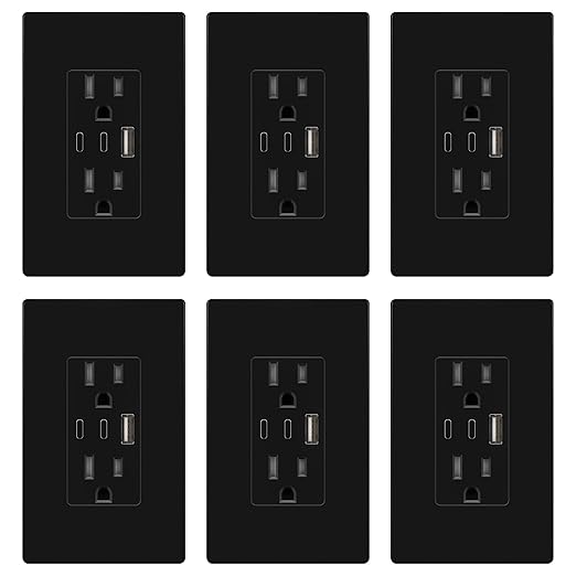 TOPGREENER 4.2A 21W 3-Port Type C USB Outlet, 15 Amp Receptacle Plug, Charging Power Outlet with Dual Type C&A Ports, Screwless Wall Plate Included, UL Listed, TU21542AC2-BKSID, Black, 6Pack