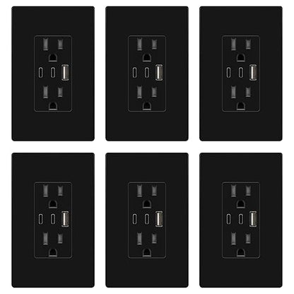 TOPGREENER 4.2A 21W 3-Port Type C USB Outlet, 15 Amp Receptacle Plug, Charging Power Outlet with Dual Type C&A Ports, Screwless Wall Plate Included, UL Listed, TU21542AC2-BKSID, Black, 6Pack