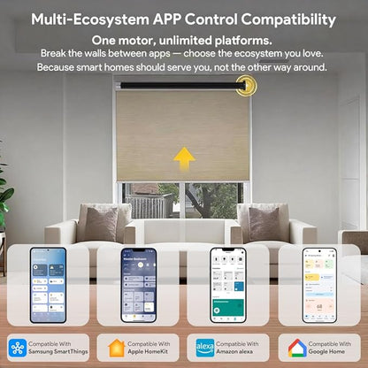 Matter Over Thread Smart Roller Shade Motor with Solar Panel, 5000mAh Battery Motorized Blinds Kit, Works with HomeKit, Alexa, Google Home, SmartThings (10 N.m for Φ50mm (2") Round Tube)