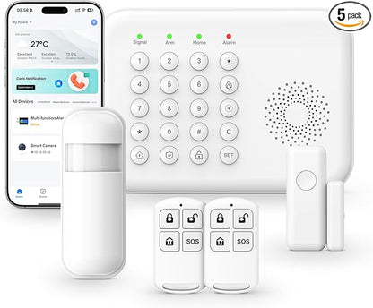 Home Security System - Alarm 5-Piece Kit Compatible with Alexa,Tuey and Smart Life (No Contract) (5 Pack Alarm System)