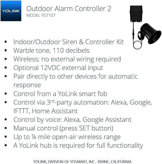 Outdoor Alarm Controller 2, Battery-Powered Siren/Alarm/Relay Controller, 12VDC Out, Up to 1/4 Mile Open-Air Range, 110dB Siren Included, YoLink Hub Required for Full-Functionality!