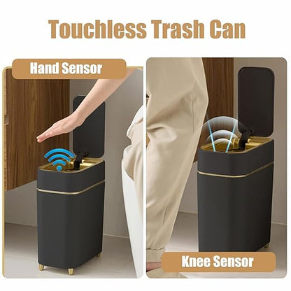 Yatmung Automatic Bathroom Trash Can with Touchless Lid - Slim Motion Sensor Trash Can - Bathroom, Bedroom, Kitchen, Laundry Room, Small Spaces - Compact Smart Trash Bin - Black with Gold Edge, 1Pack
